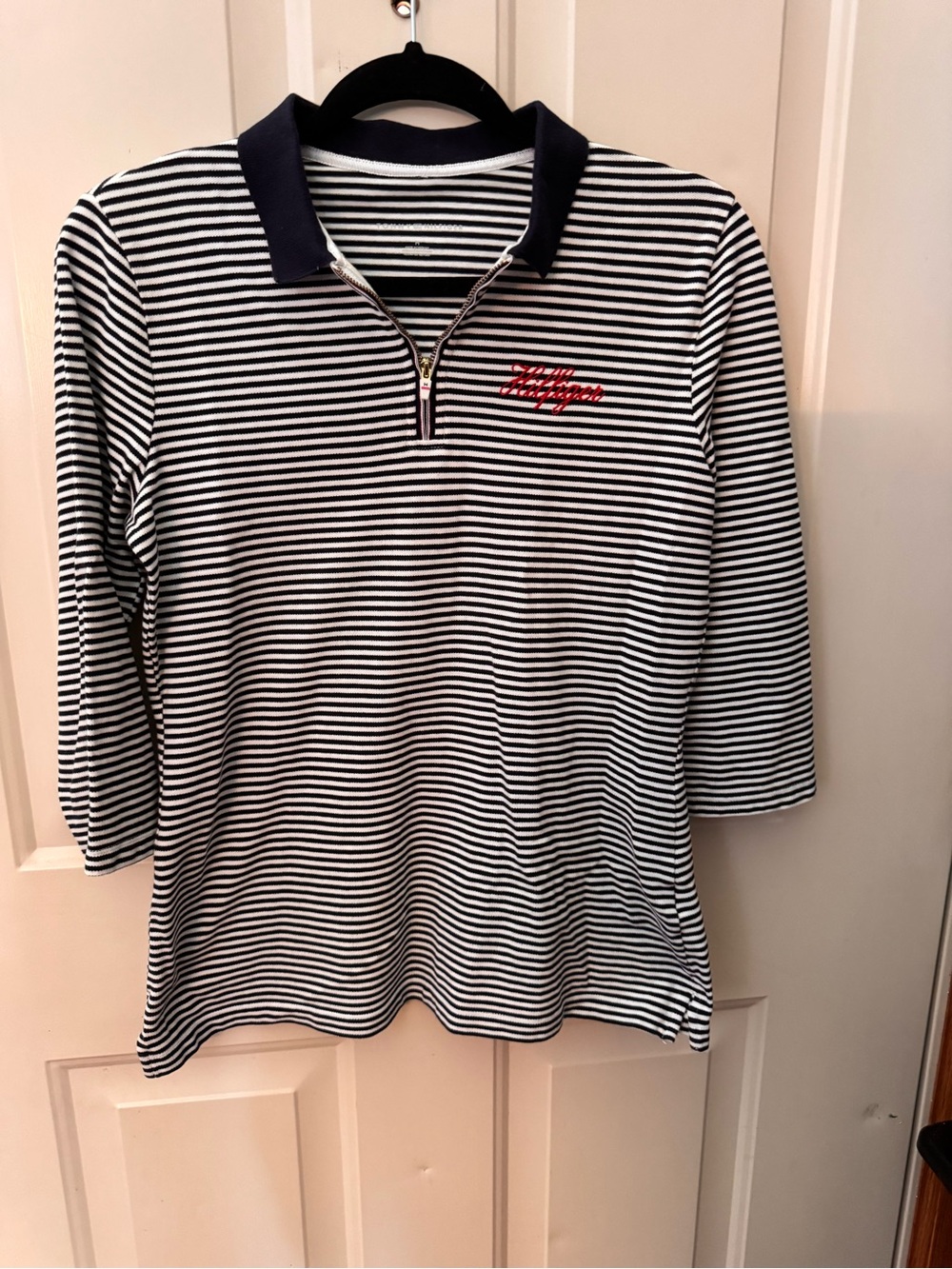 Tommy Hilfiger Women’s Striped Quarter Zip Polo Top Navy White 3/4 Sleeve Medium - Picture 11 of 11